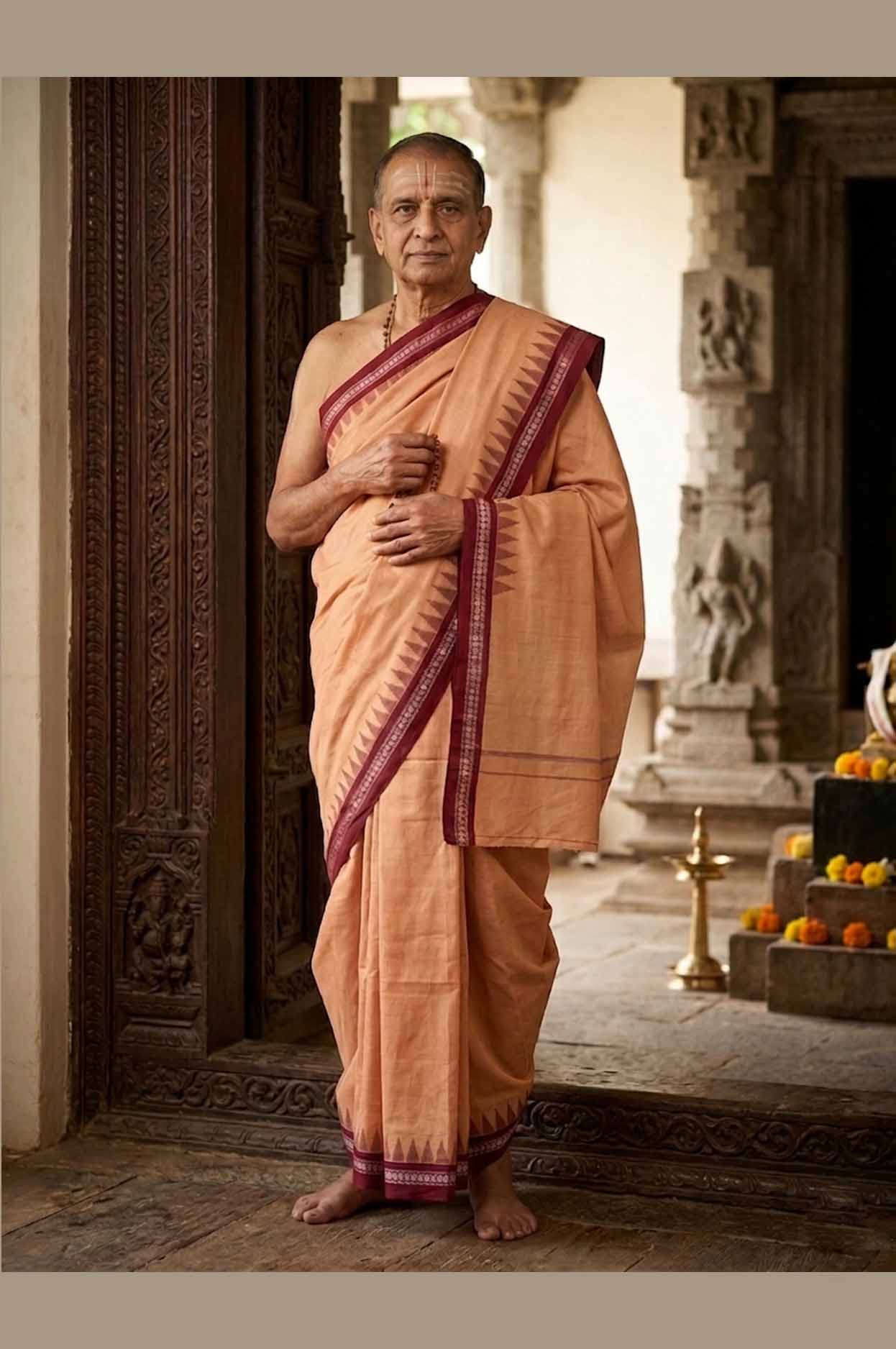 Traditional Sambalpuri Handloom Cotton Joda – Peach with Maroon Border