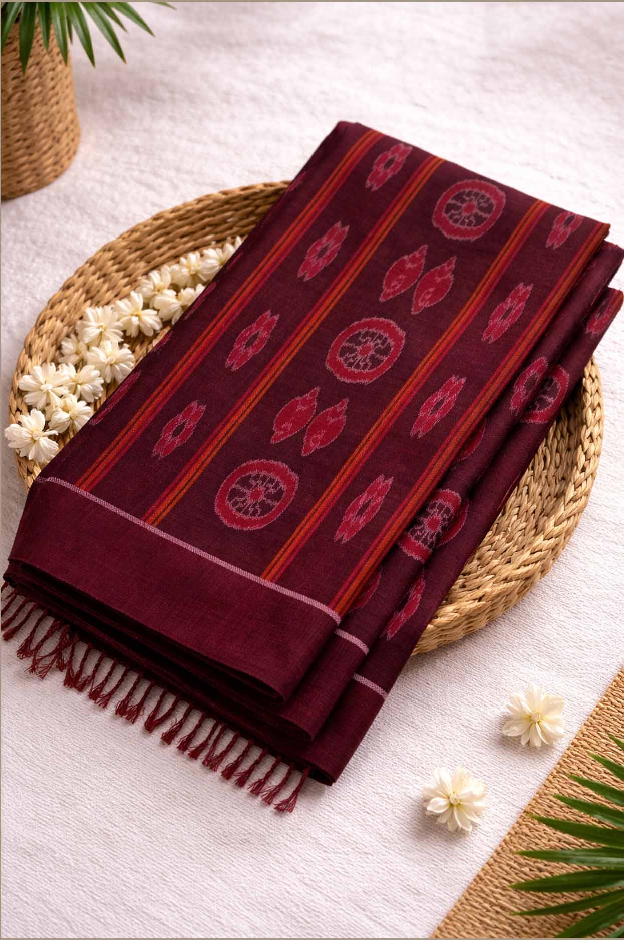 Authentic Maniabandha Ikat Handloom Fabric – Deep Maroon Traditional Design