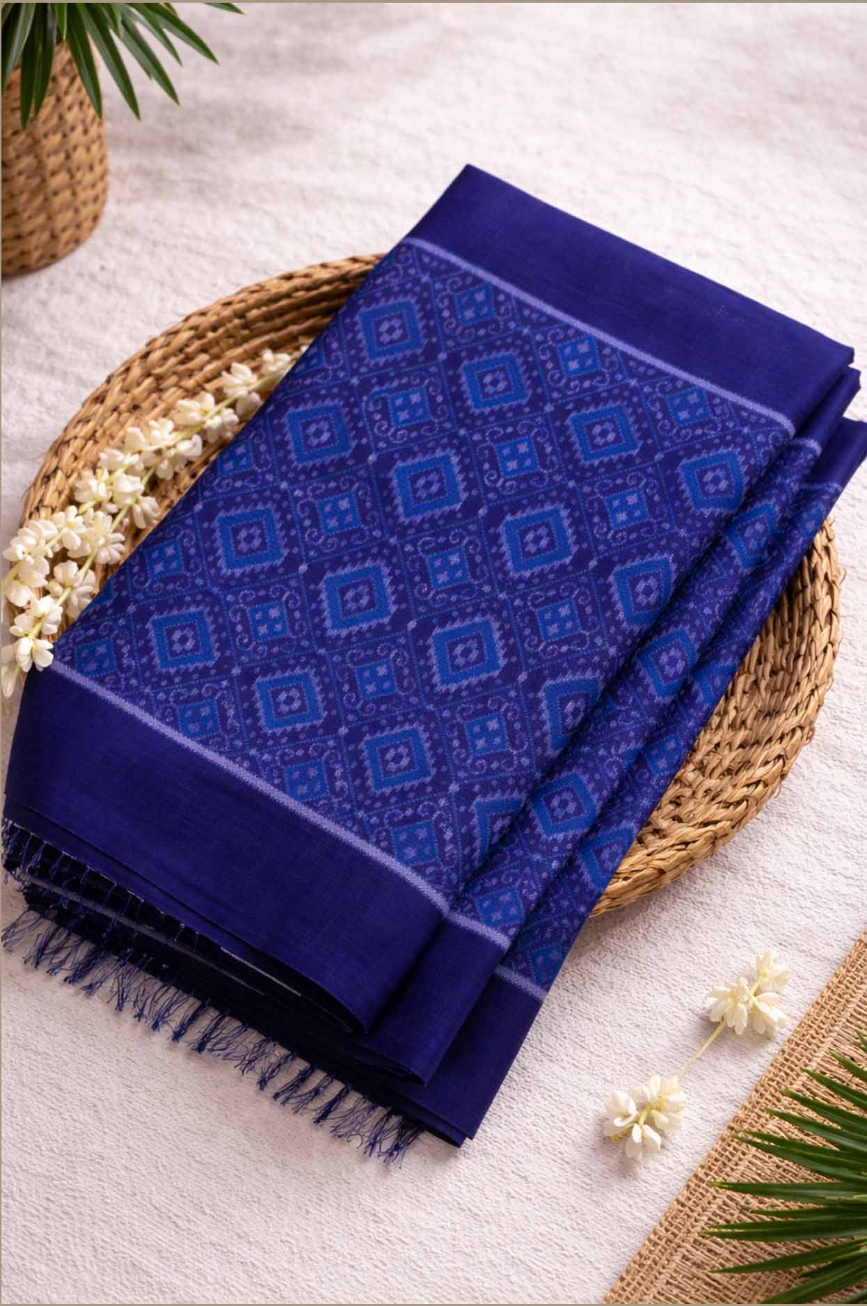 Pure Sambalpuri Bandha (Ikat) Handloom Fabric – Royal Blue Geometric Design