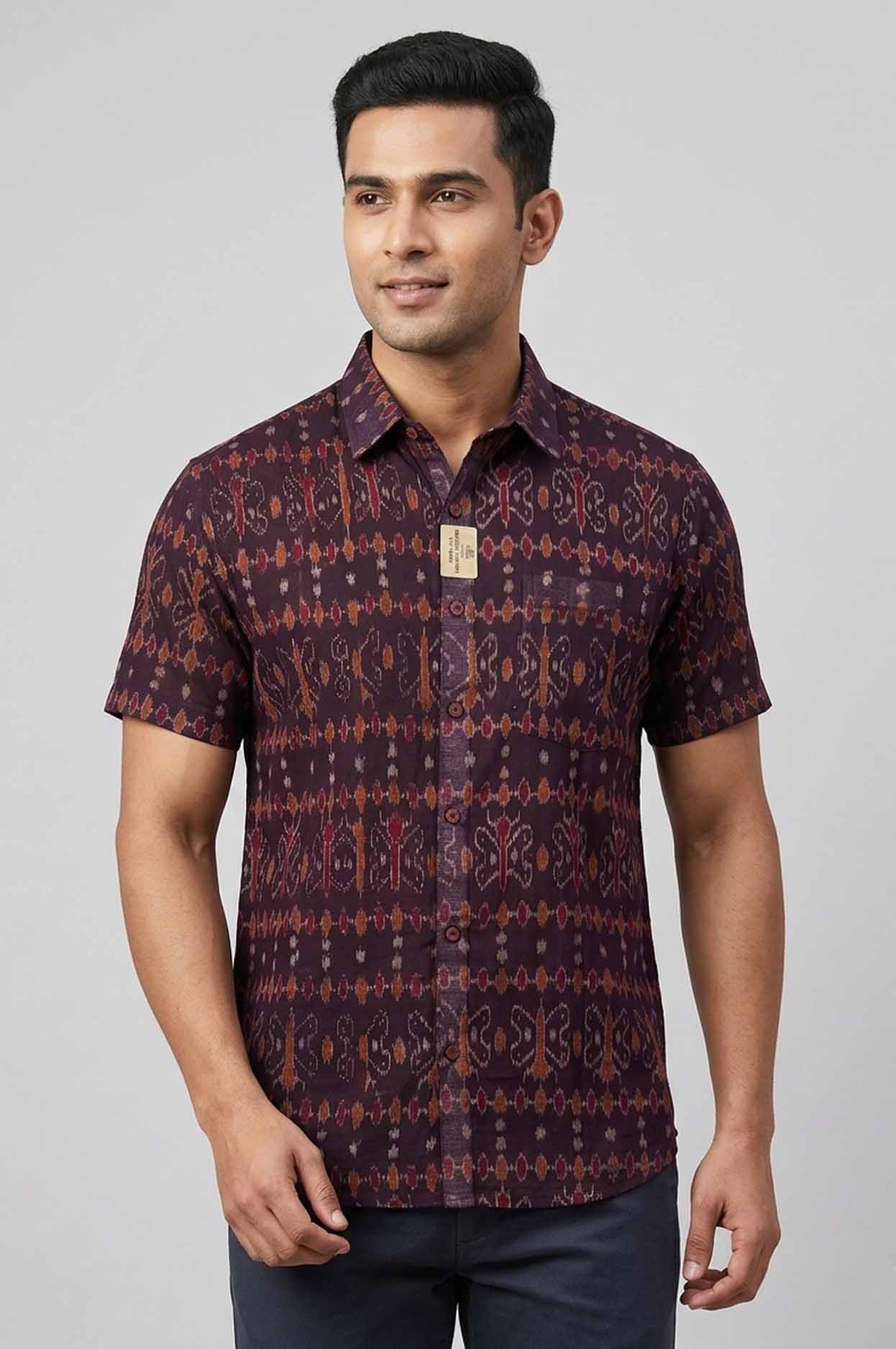 Authentic Sambalpuri Ikat Cotton Shirt – Deep Maroon Traditional Design