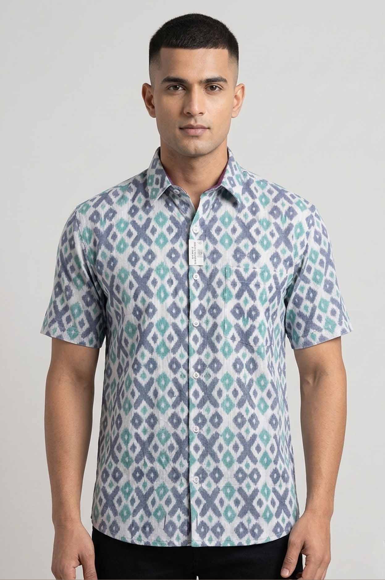 Men's White Sambalpuri Ikat Handloom Shirt – Grey & Teal Geometric Design