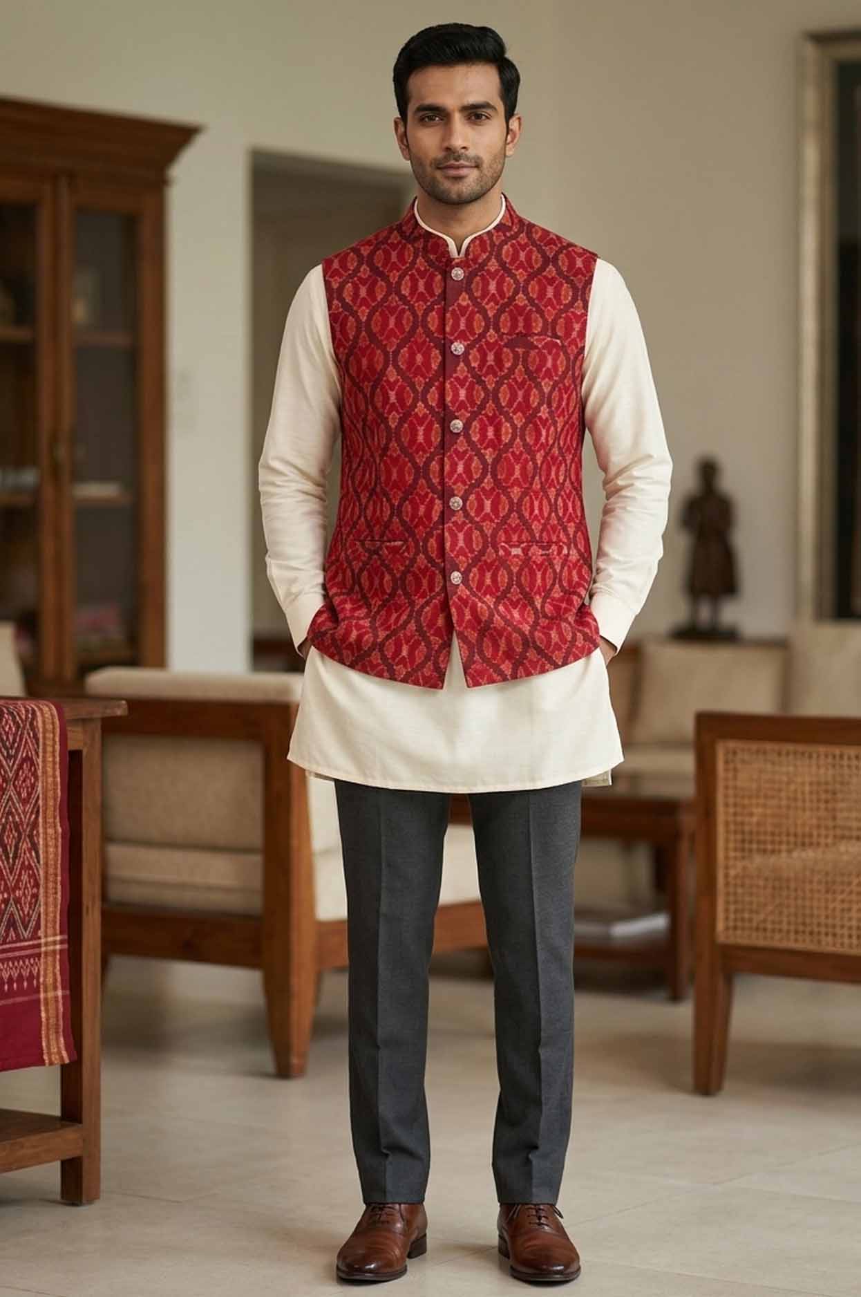 Authentic Sambalpuri Handloom Nehru Jacket – Red Ikat Design