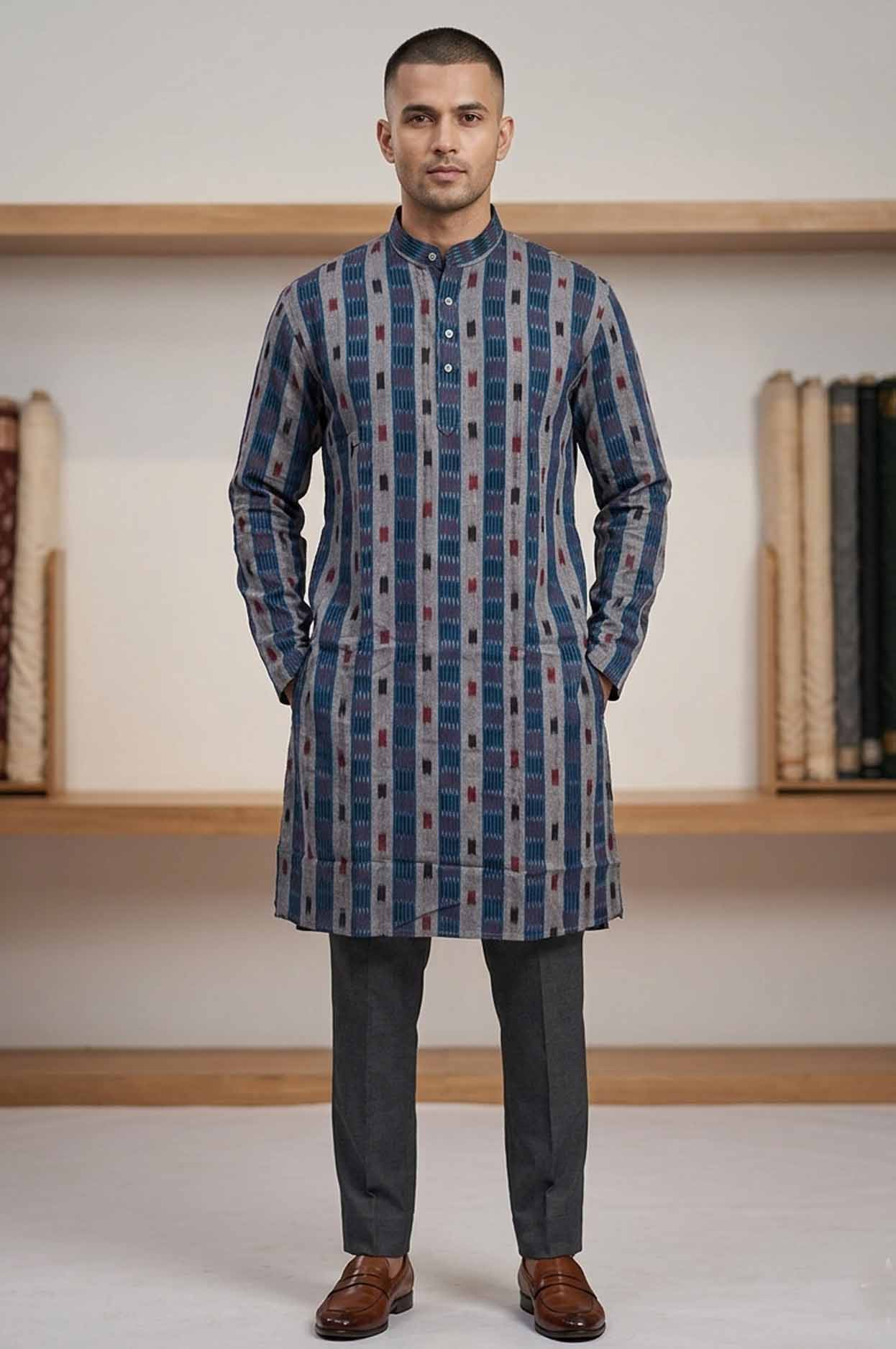 Elegant Sambalpuri Handloom Ikat Kurta – Grey & Blue Stripe Design