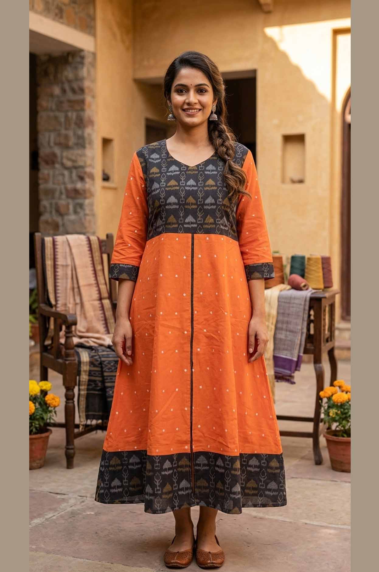 Authentic Sambalpuri Handloom Cotton Anarkali Kurti – Orange & Black Traditional Design
