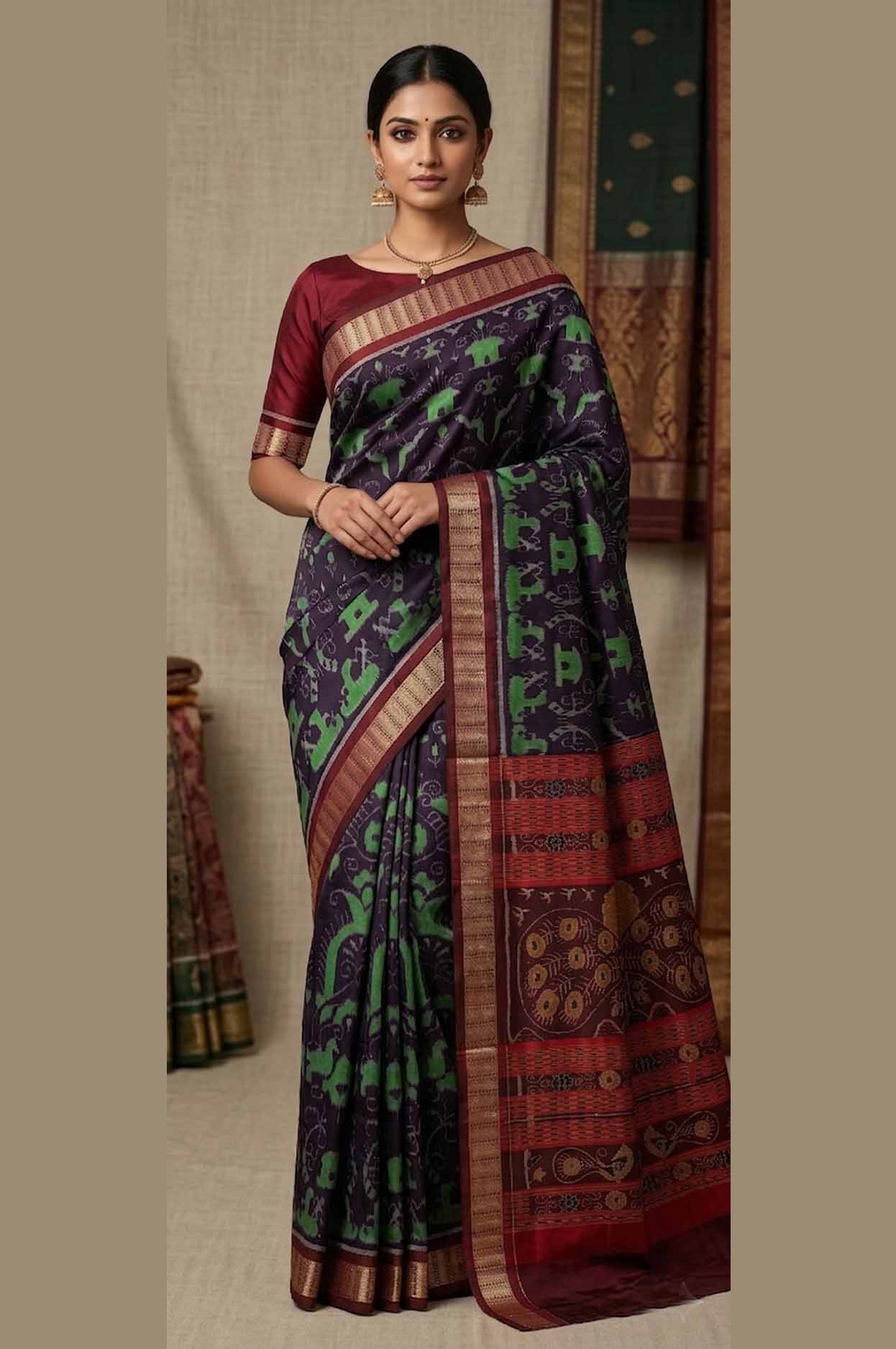 Elegant Sambalpuri Handloom Half Silk Pata Saree – Authentic Ikat Masterpiece