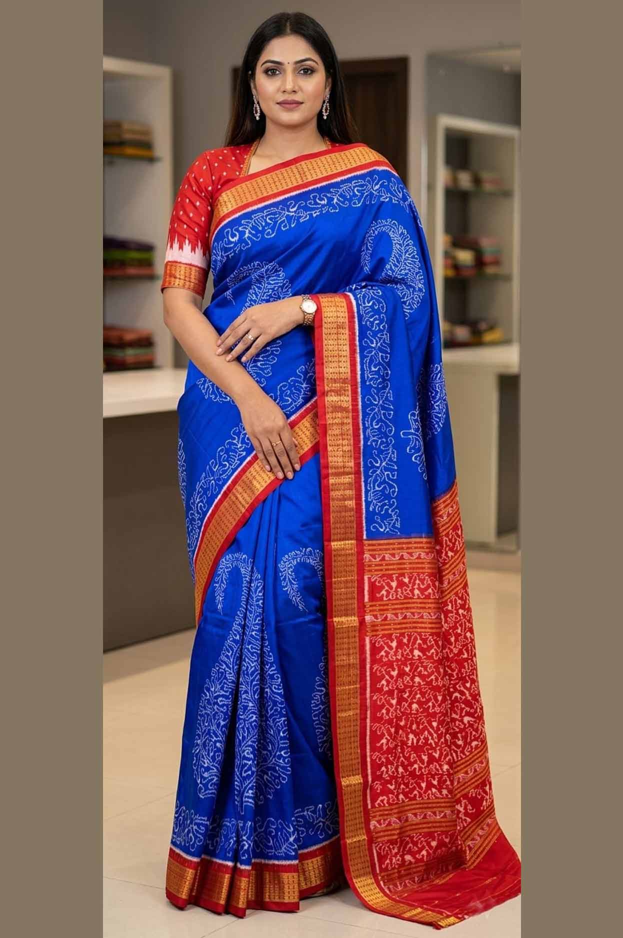 Elegant Sambalpuri Handloom Half Tissue Pata Saree – Authentic Ikat Masterpiece