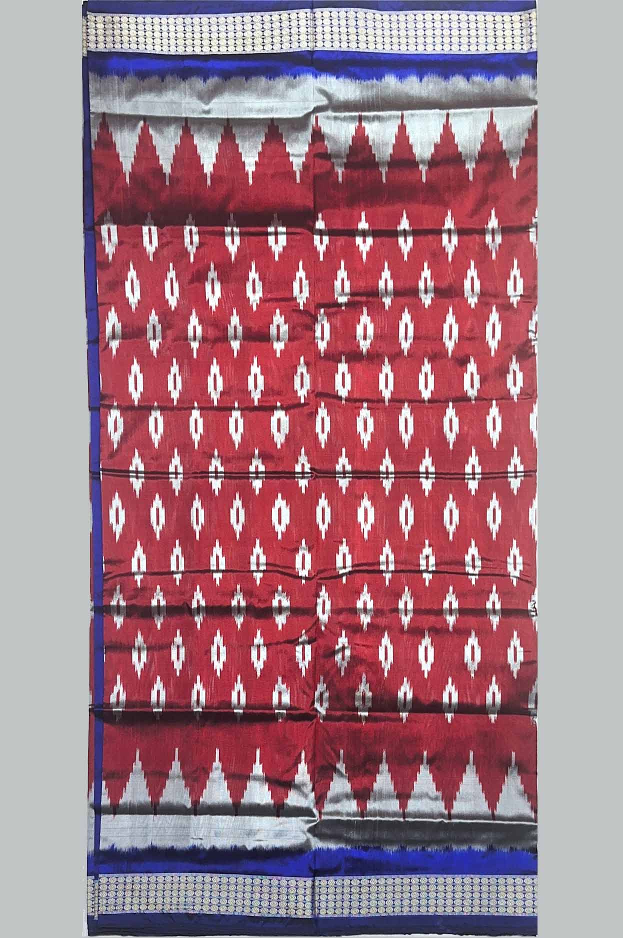Authentic Half Silk (Mix Patta) Sambalpuri Saree in Deep Red & Royal Blue