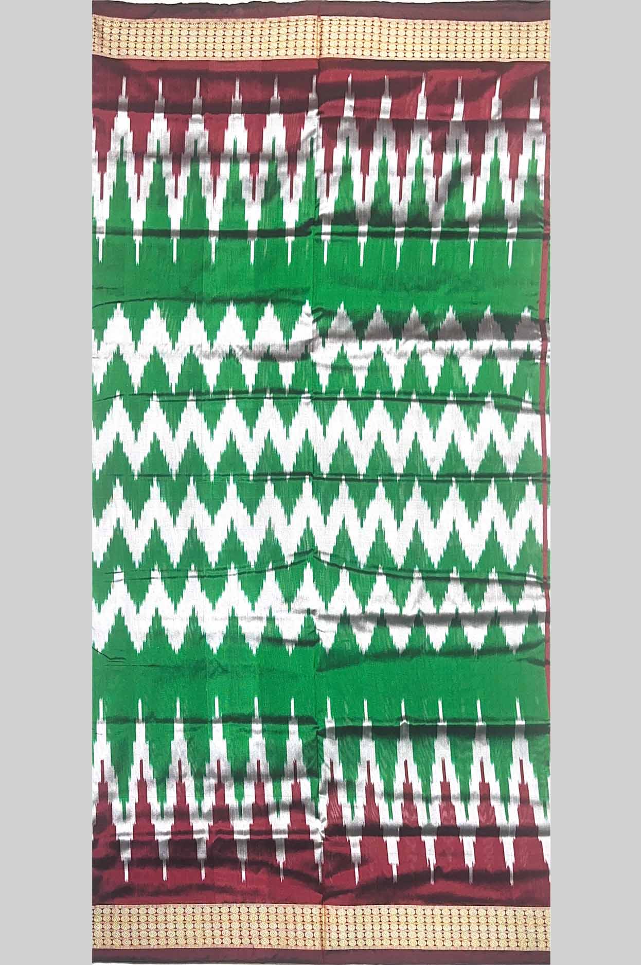 Green & White Half Silk (Mix Patta) Sambalpuri Saree with Maroon Temple Border