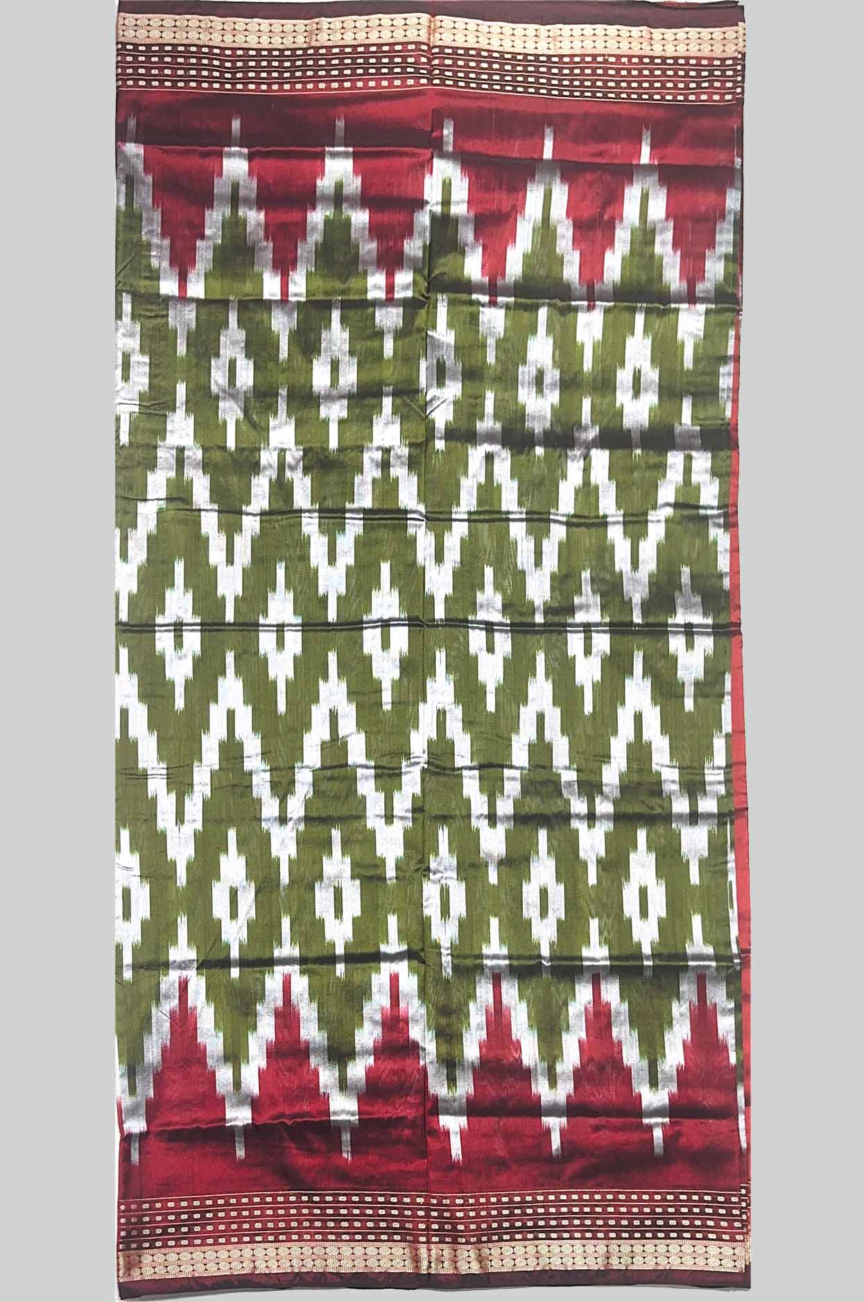 Olive Green & Maroon Half Silk (Mix Patta) Sambalpuri Saree with Classic Ikat Motifs