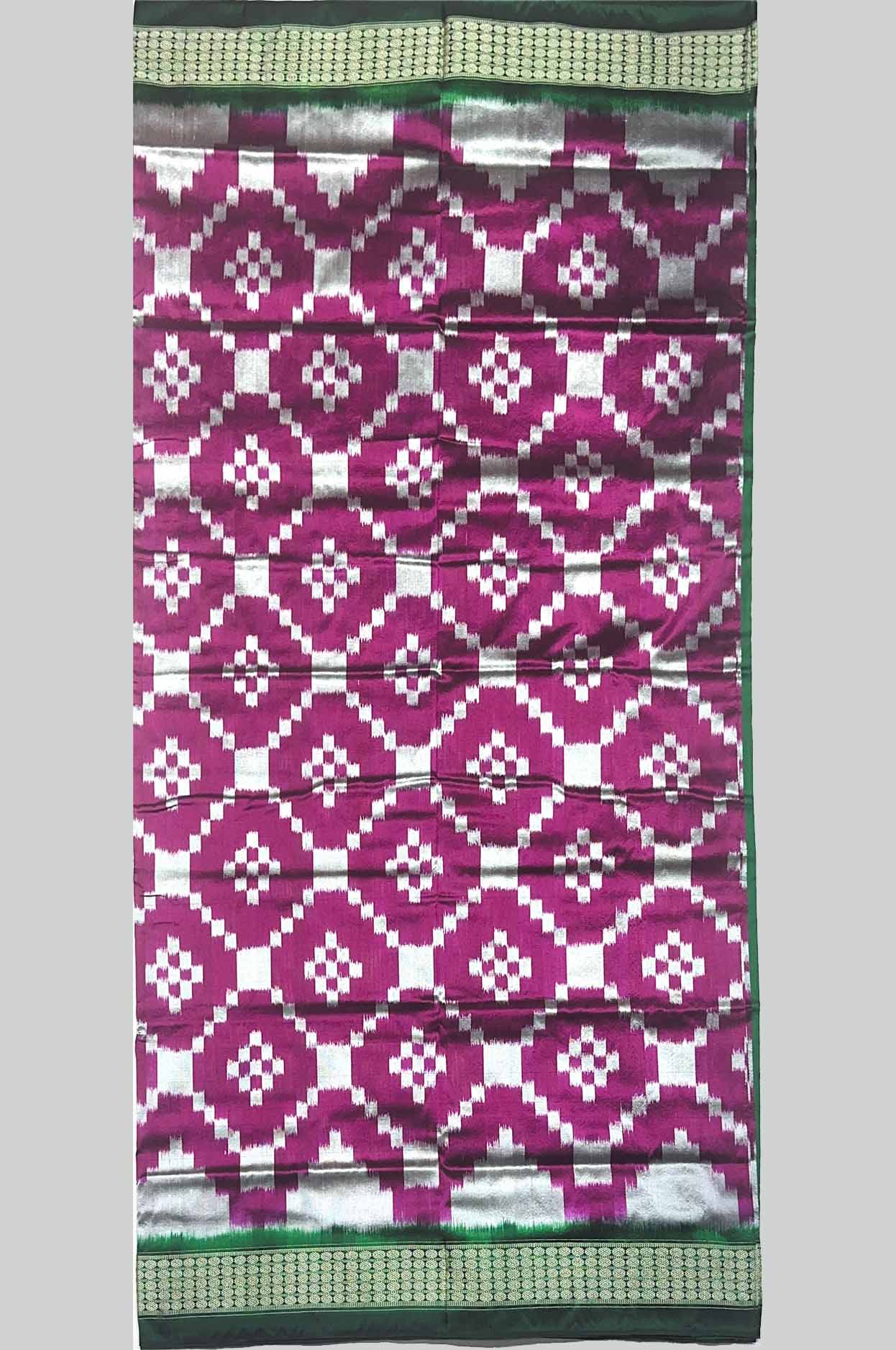 Magenta & Green Half Silk (Mix Patta) Sambalpuri Saree with Diamond Ikat Design