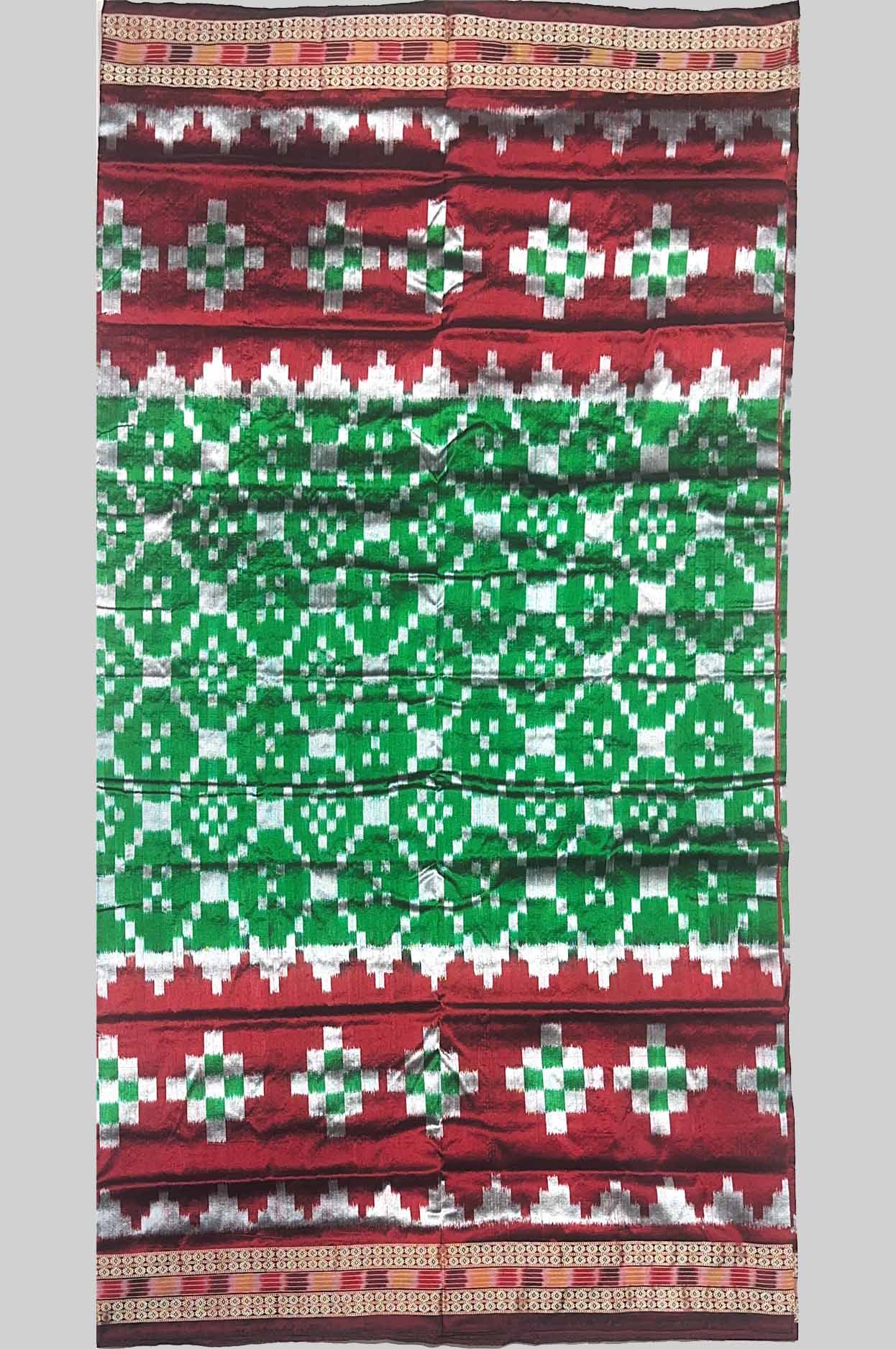 Vibrant Green & Red Half Silk (Mix Patta) Sambalpuri Saree with Temple Border