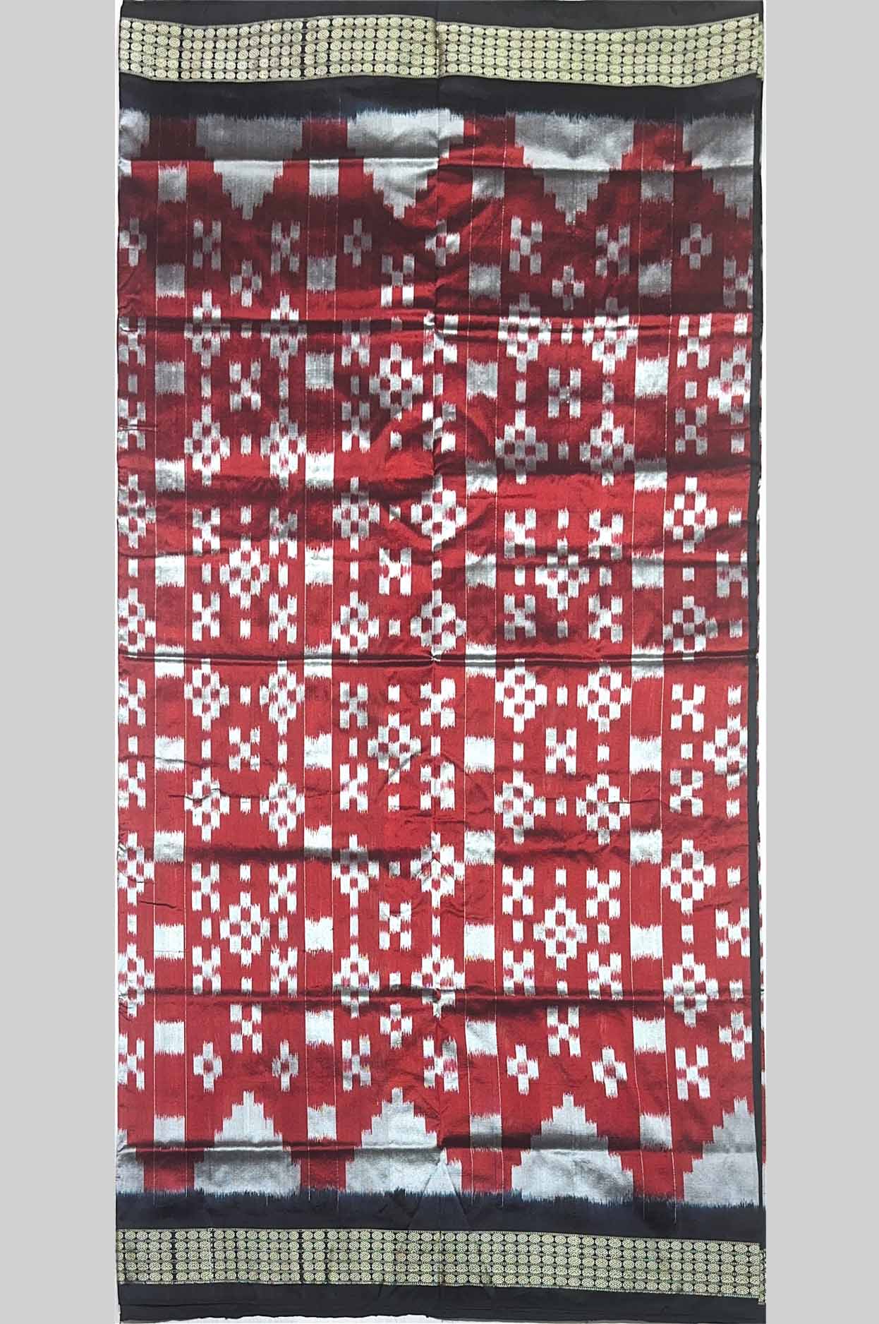 Deep Red & White Half Silk (Mix Patta) Sambalpuri Saree with Classic Ikat Motifs