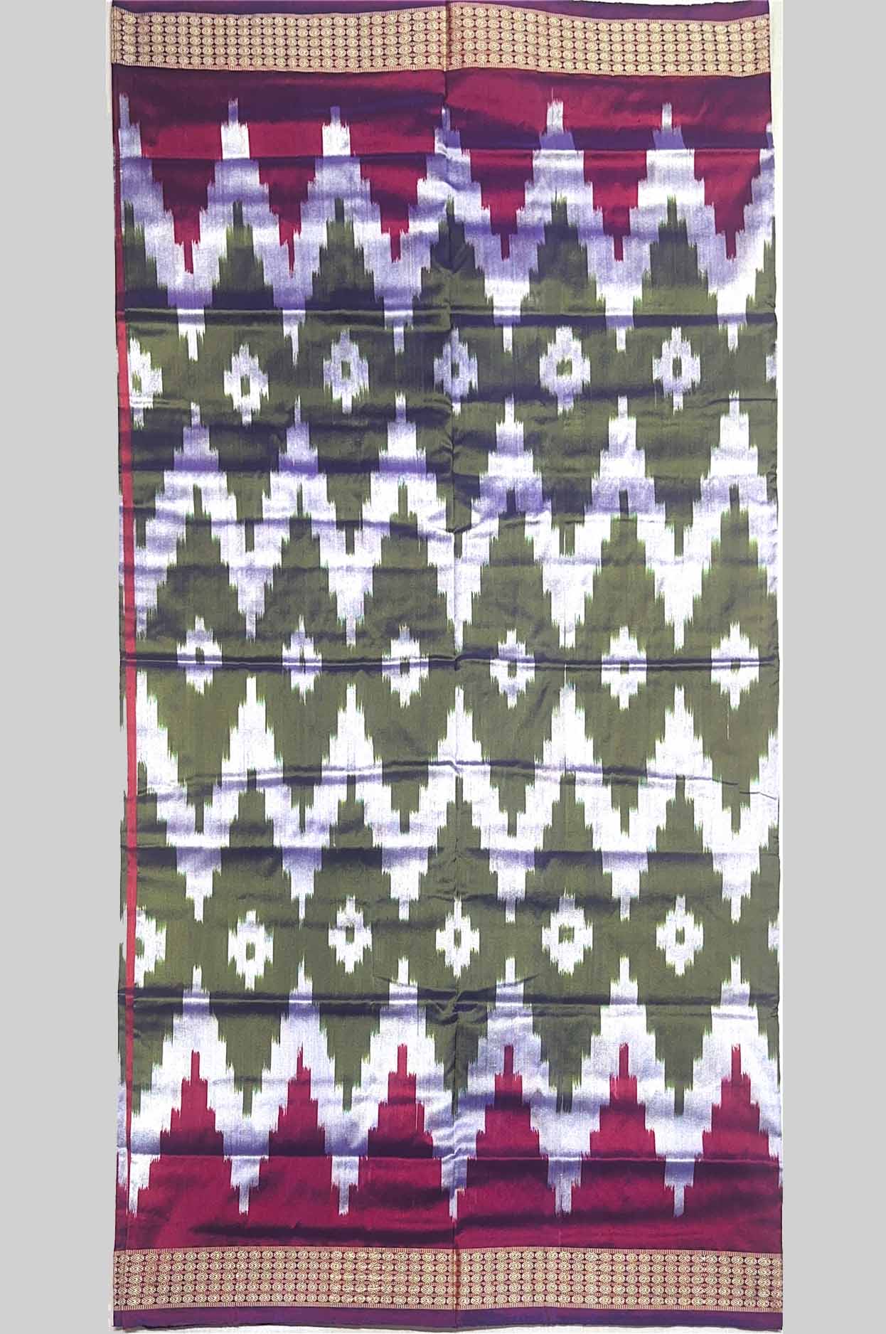 Earthy Olive & Maroon Half Silk Sambalpuri Saree with White Bandha Motifs