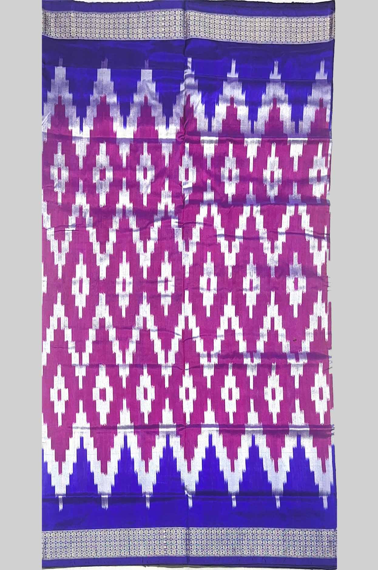 Magenta & Royal Blue Half Silk Sambalpuri Saree with Wave Ikat Motifs