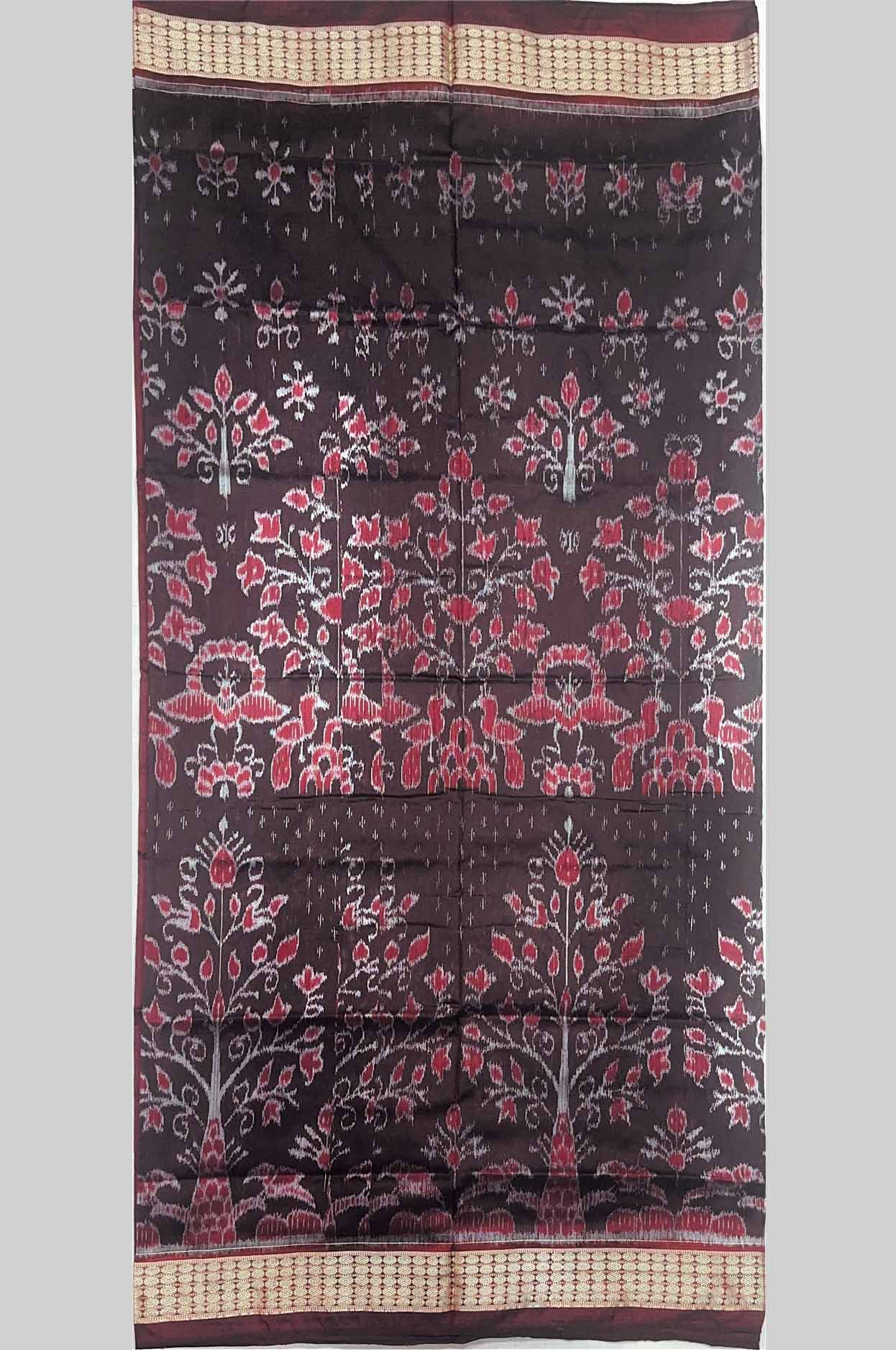 Black & Red Floral Tree Motif Half Silk (Mix Patta) Sambalpuri Saree