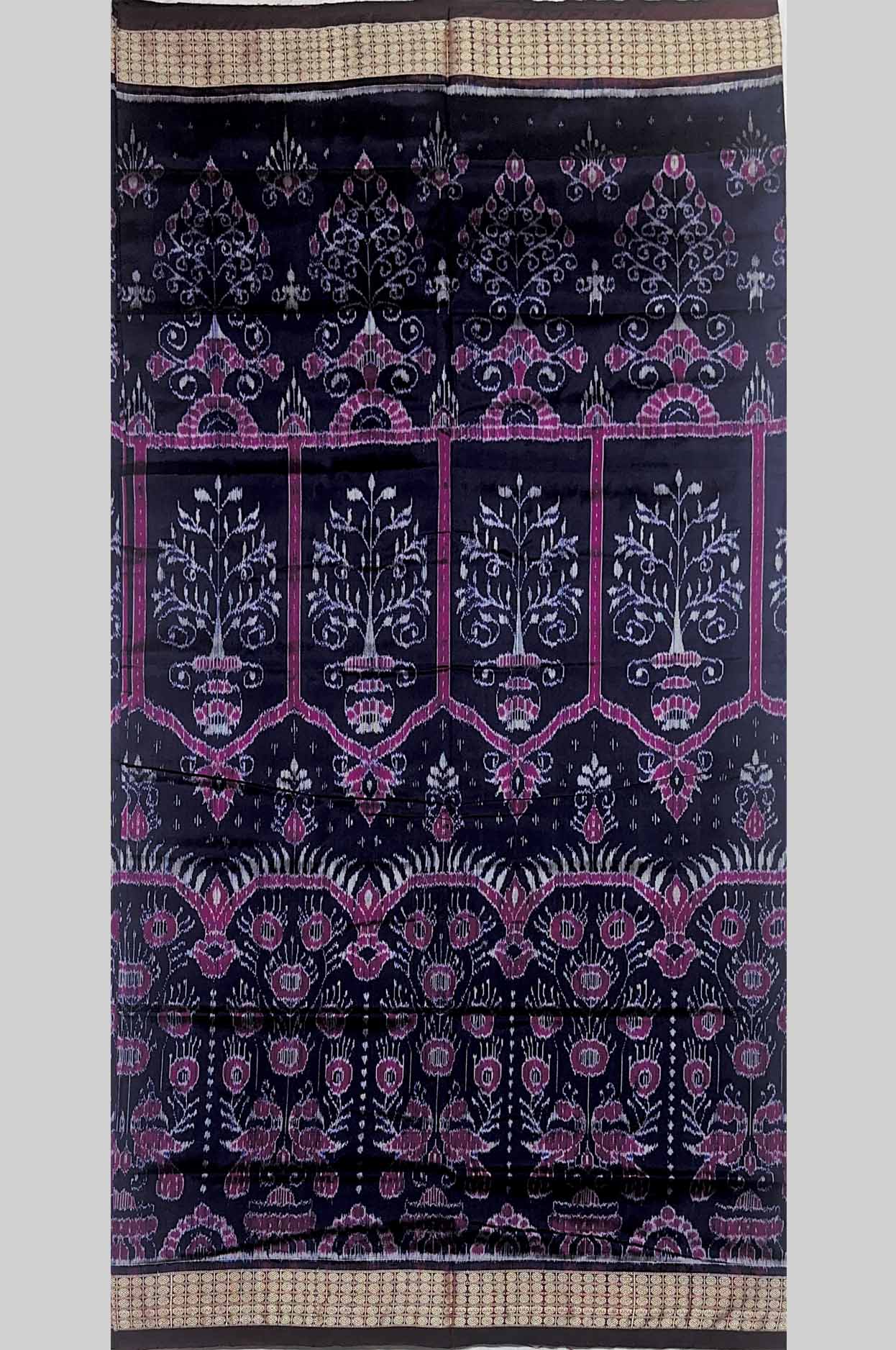 Black & Pink Panel Design Half Silk (Mix Patta) Sambalpuri Saree