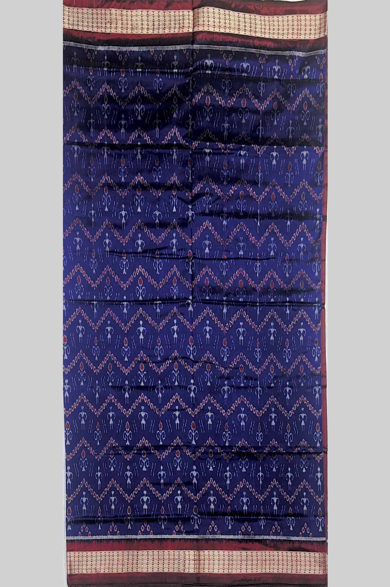Deep Blue Chevron (Zig-Zag) Ikat Half Silk Sambalpuri Saree