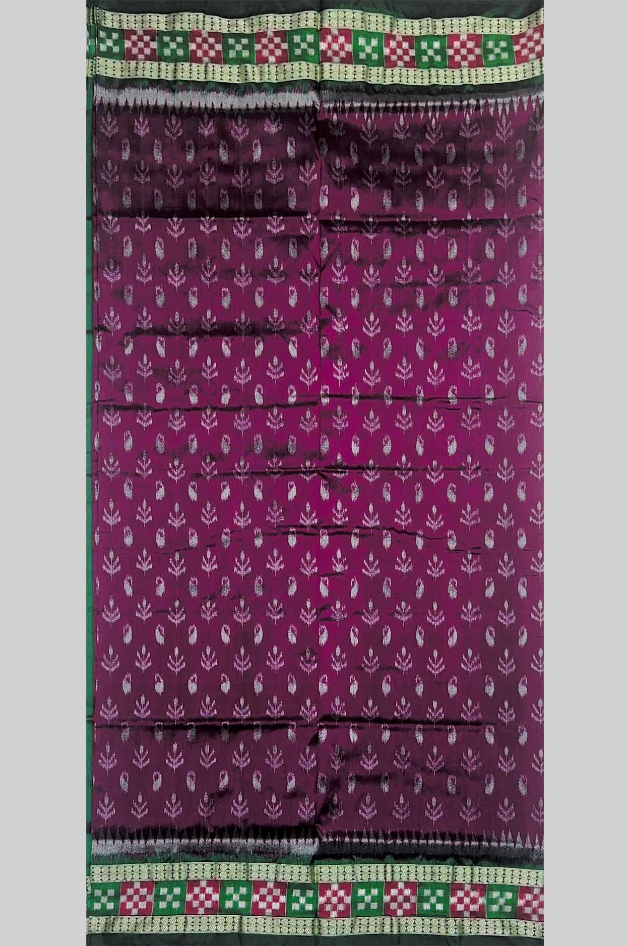 Wine Magenta Buti Ikat Half Silk (Mix Patta) Saree with Green Checkered Border