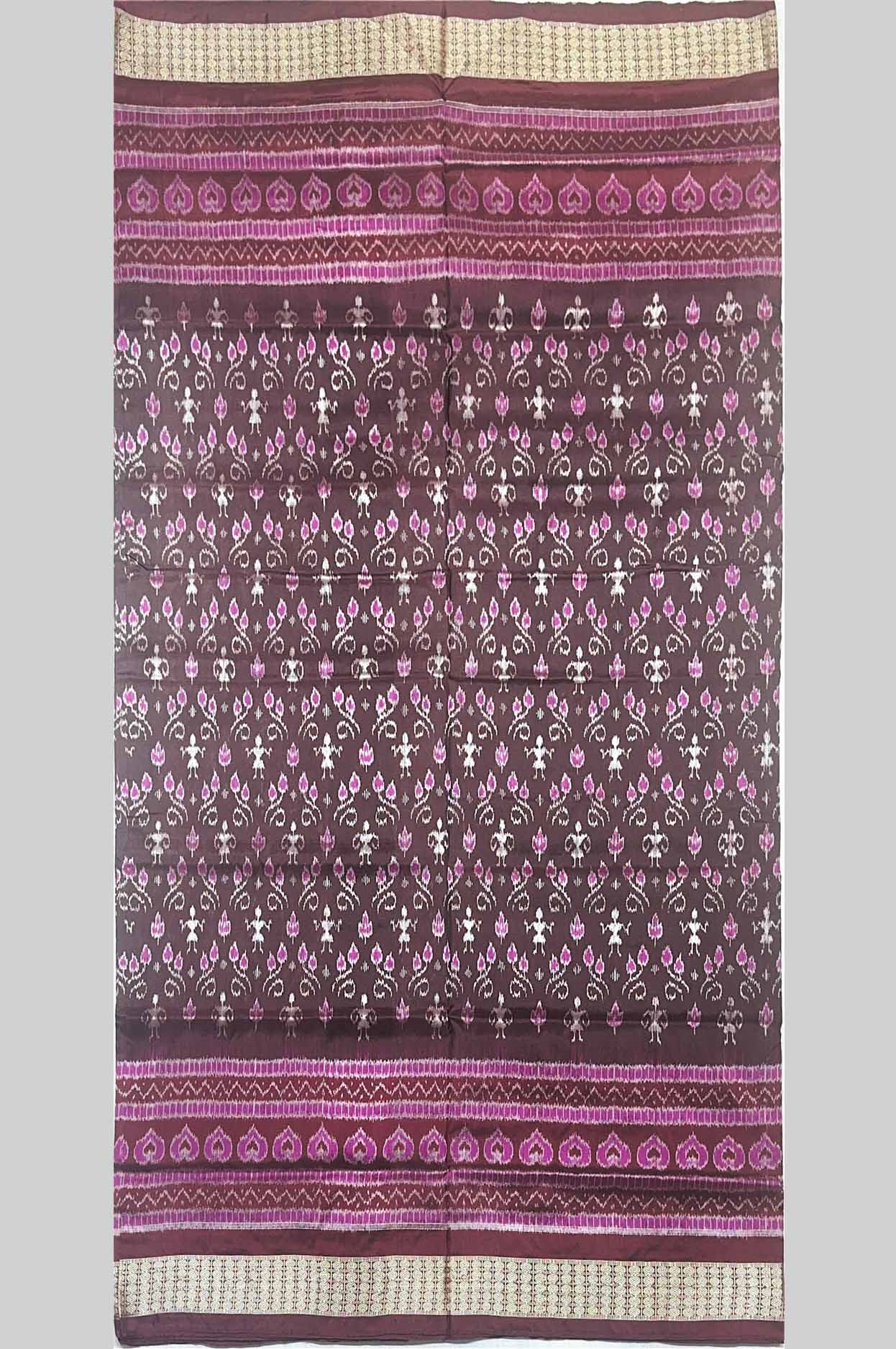 Coffee Brown & Pink Temple Border Half Silk (Mix Patta) Sambalpuri Saree