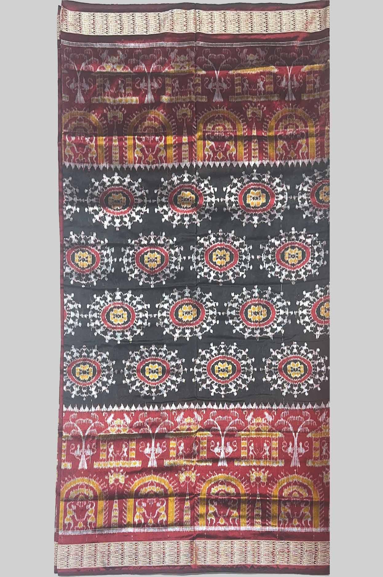 Black Medallion Motif Half Silk Sambalpuri Saree with Red Temple Border