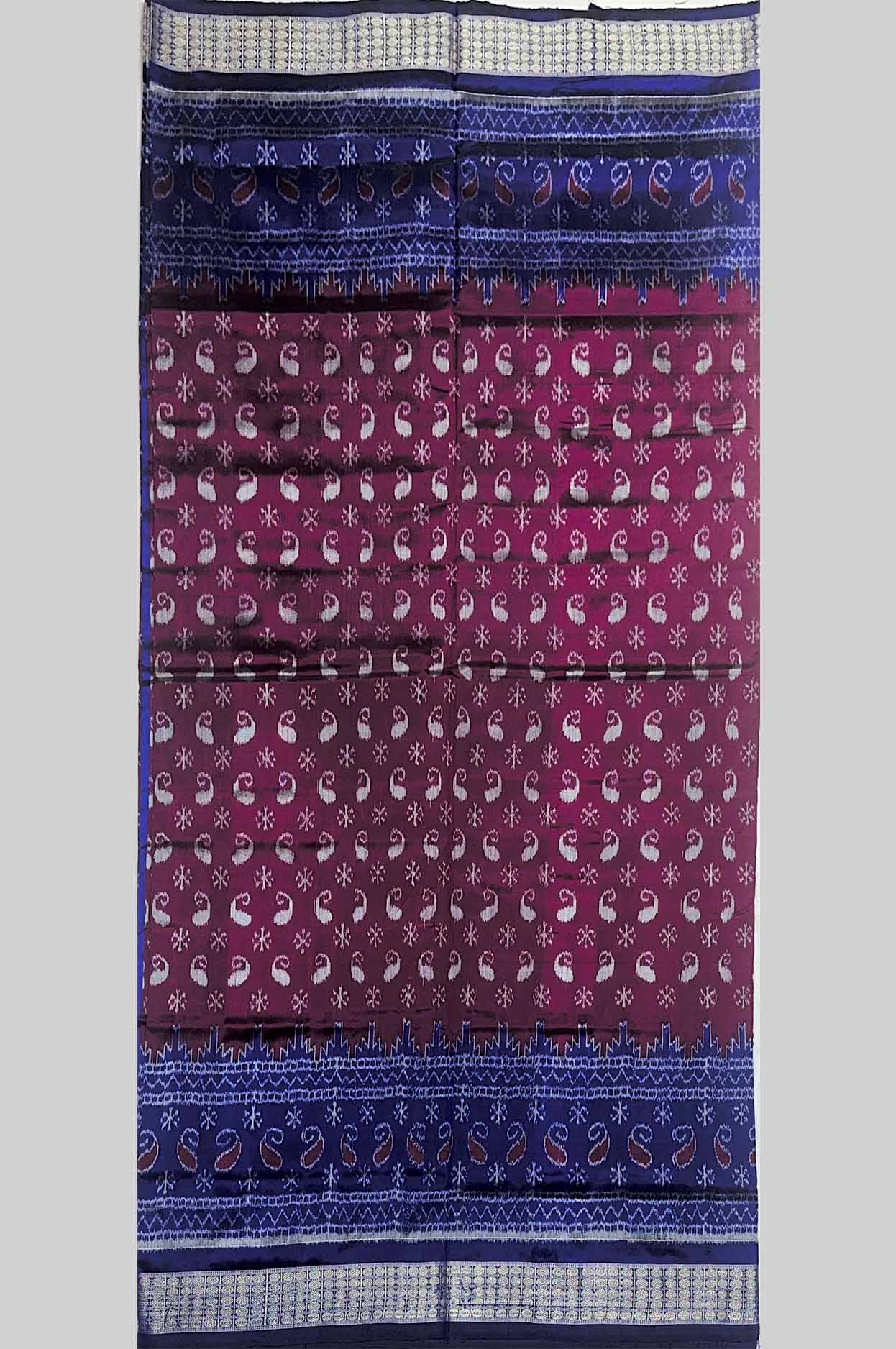 Maroon & Royal Blue Paisley (Kairi) Buti Half Silk Sambalpuri Saree
