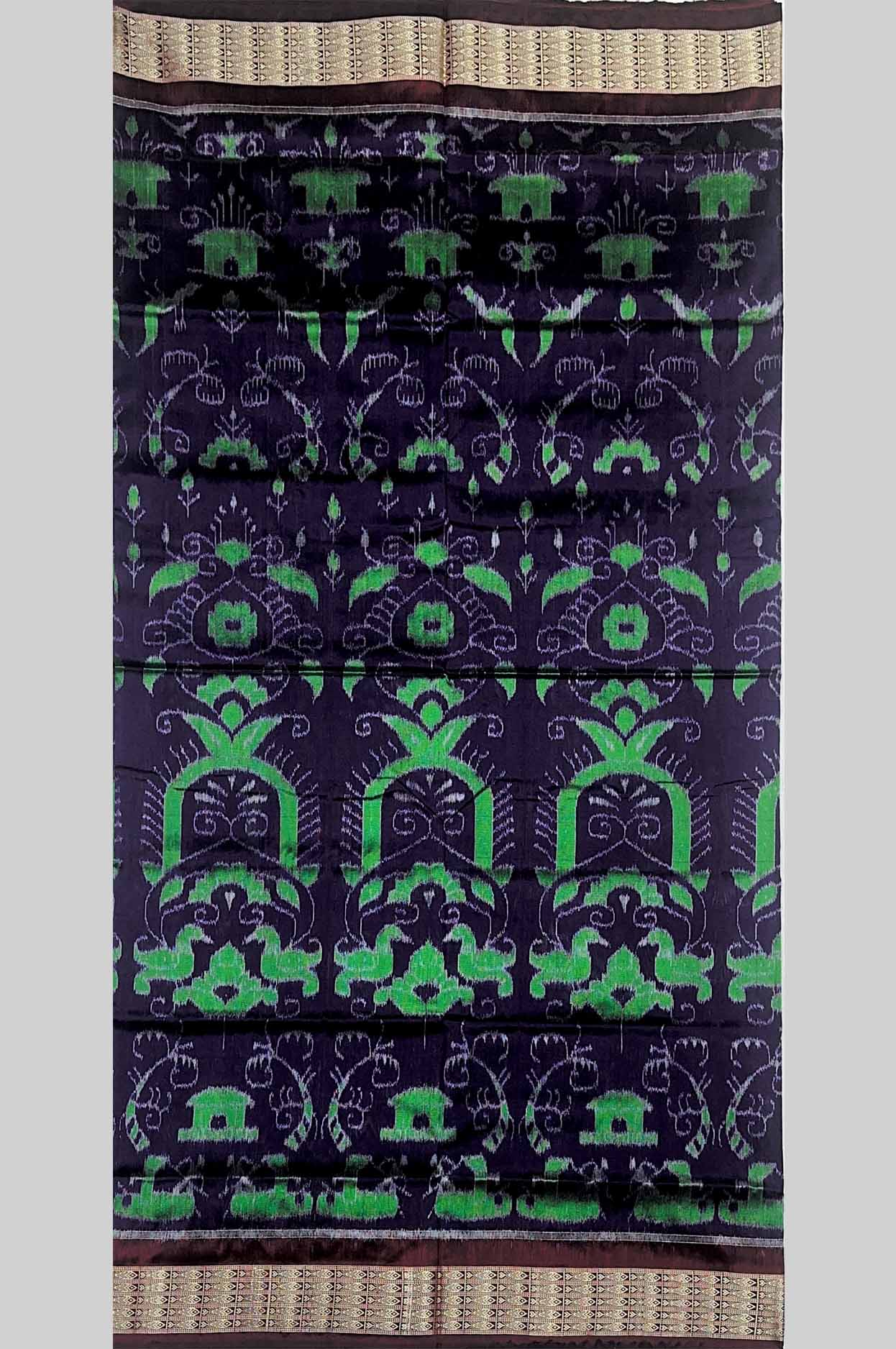 Black & Emerald Green Temple Arch Floral Half Silk Sambalpuri Saree