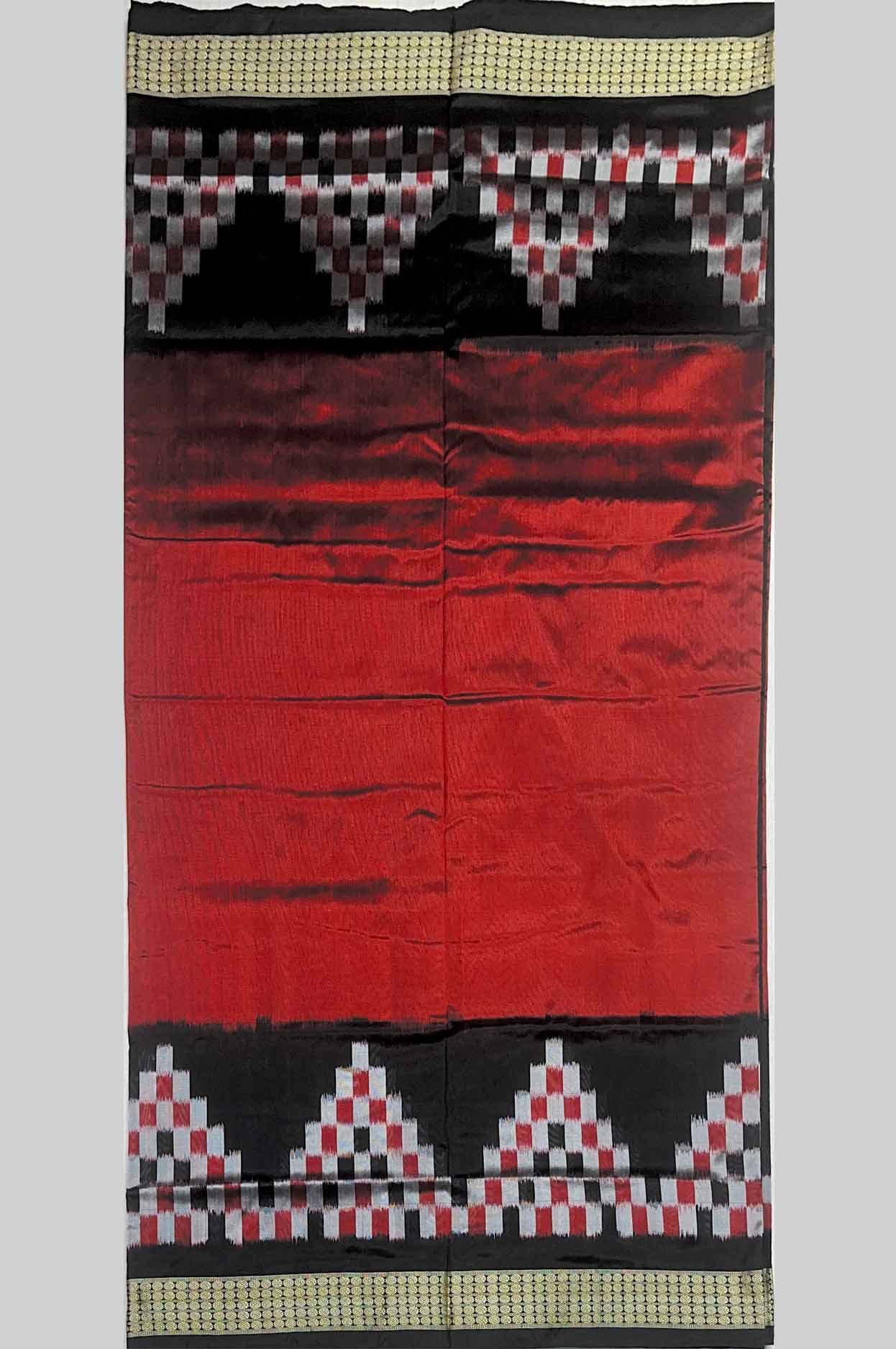 Deep Red & Black Pasapalli Border Half Silk Sambalpuri Saree